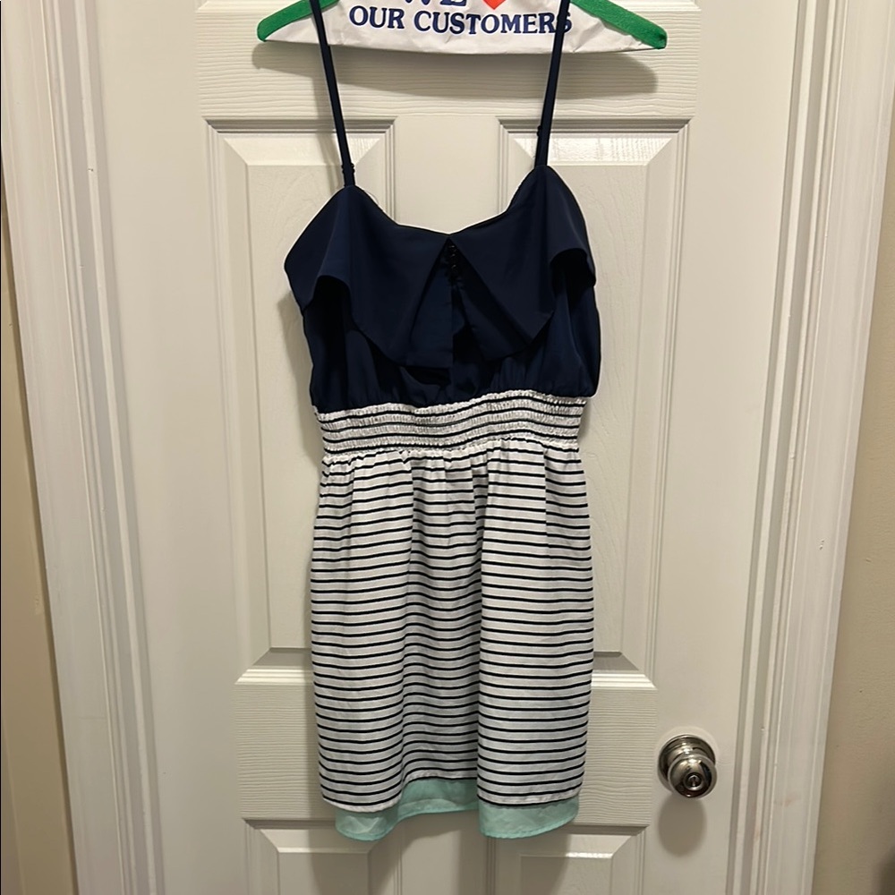 Rewind Blue and White Sleeveless Midi Sundress